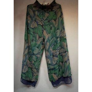 Christine Albers High Rise Wide Leg Smocked Waist Pants Green Floral Size Medium